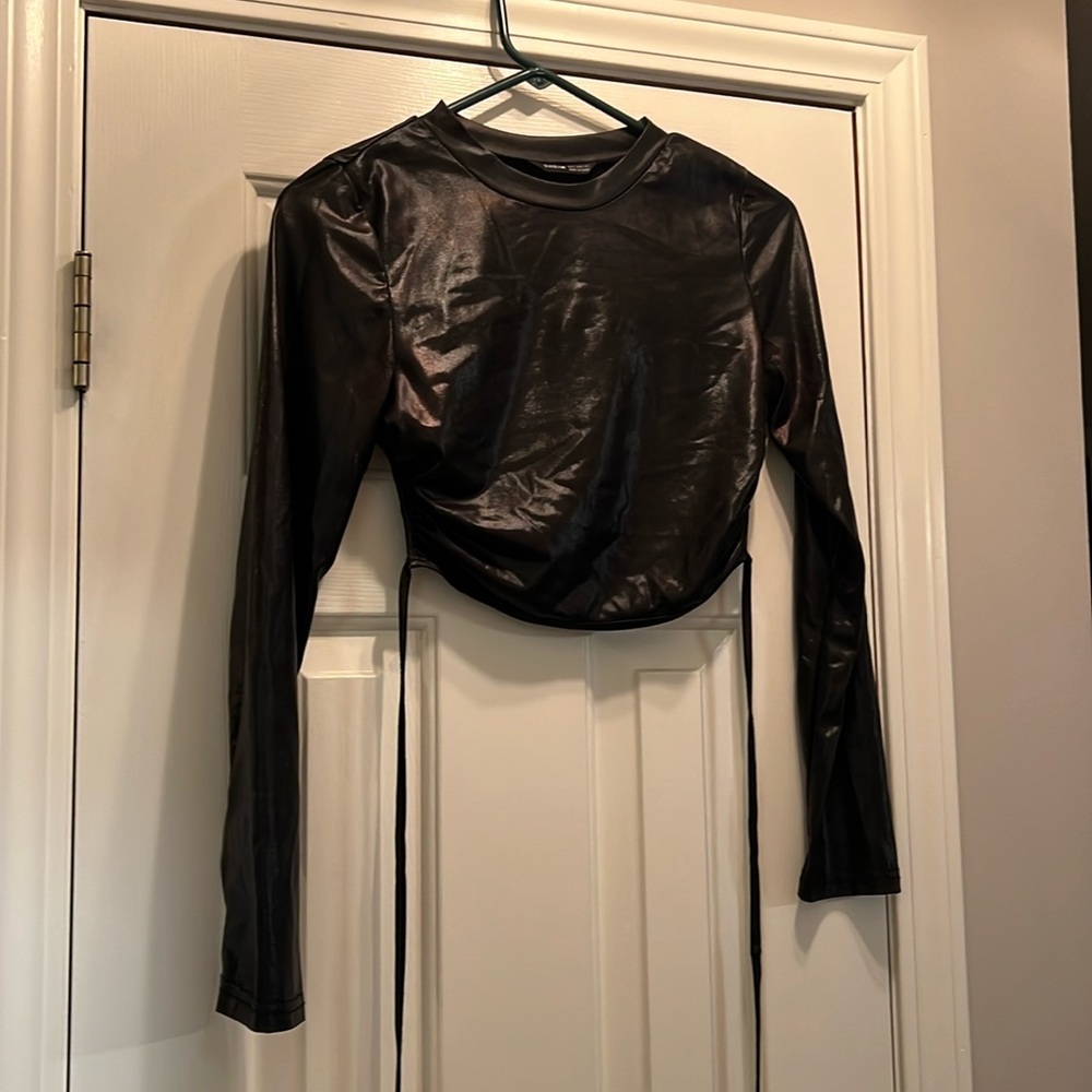 Shein pleather open back shirt